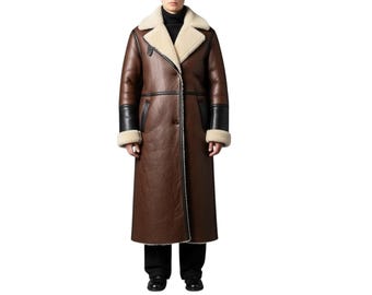 Men’s Long Shearling Leather Coat Brown Sheepskin Winter Jacket Warm Fur Trim Overcoat