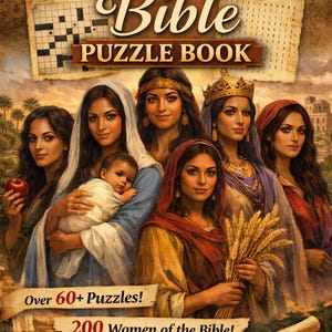May include: The cover of a puzzle book titled "Women of the Bible" features illustrations of biblical women. The book includes crosswords and word searches, with over 60 puzzles and 200 women featured. The author's name, Abigail Denise Green, is also displayed.