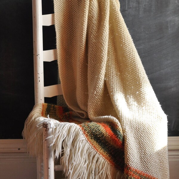 Vintage Knit Afghan Blanket Off white and Orange