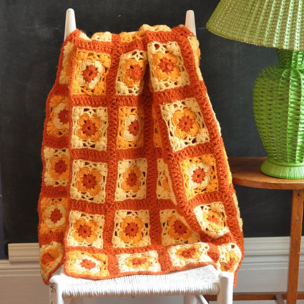 Vintage Afghan Blanket  Crocheted Squares in Oranges