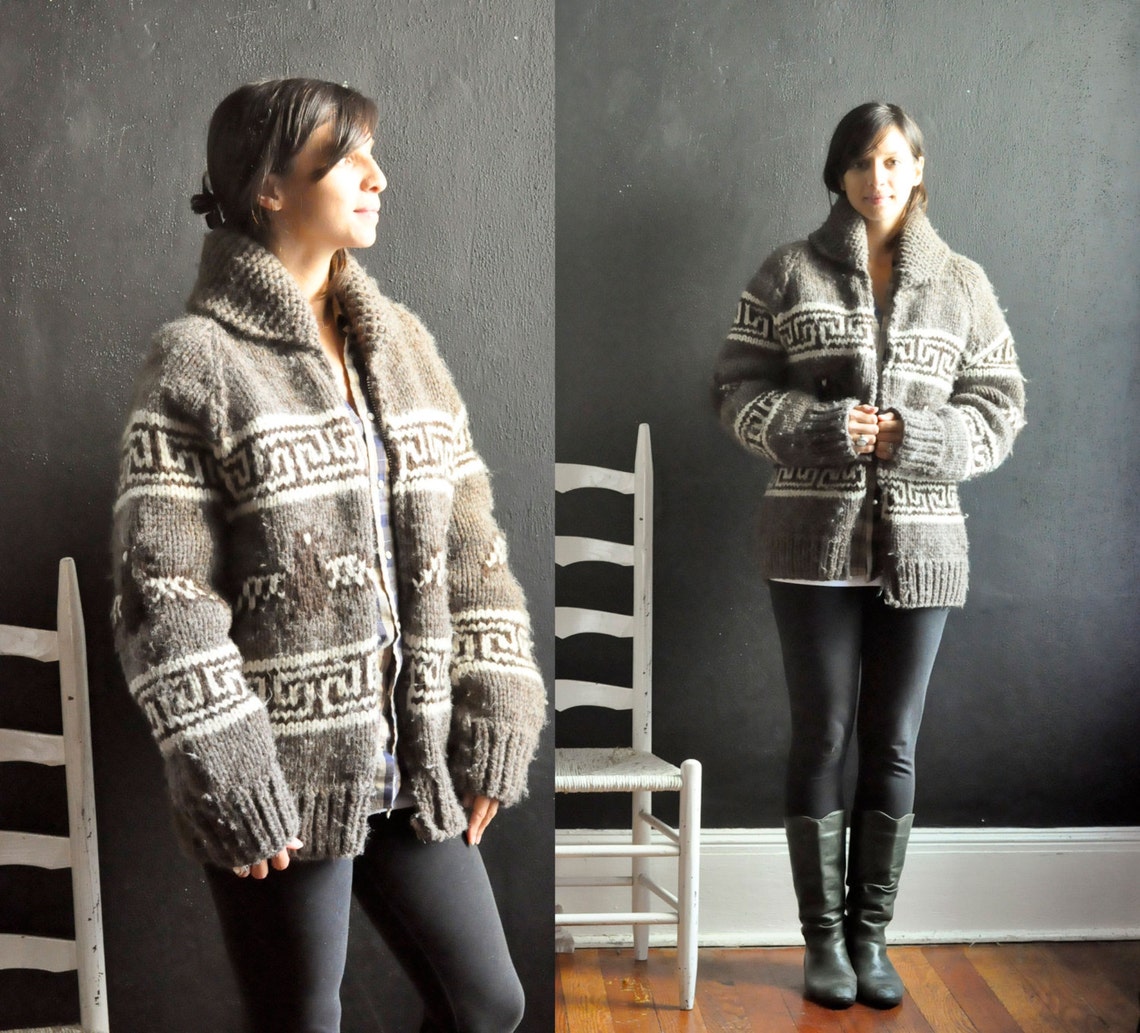 Vintage Cowichan Cardigan Sweater Jacket Hand Knit Natural All Etsy
