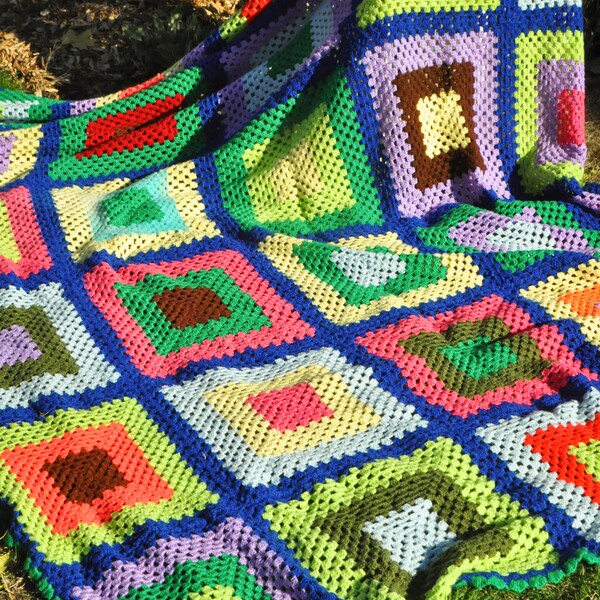 Vintage Afghan Blanket  Huge Bright Multi Color Rainbow Squares
