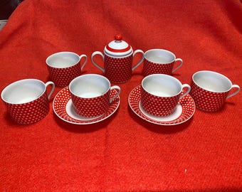 Vintage Fitz Floyd Red Polka Cup & Saucer Set Sugar bowl Swiss FF