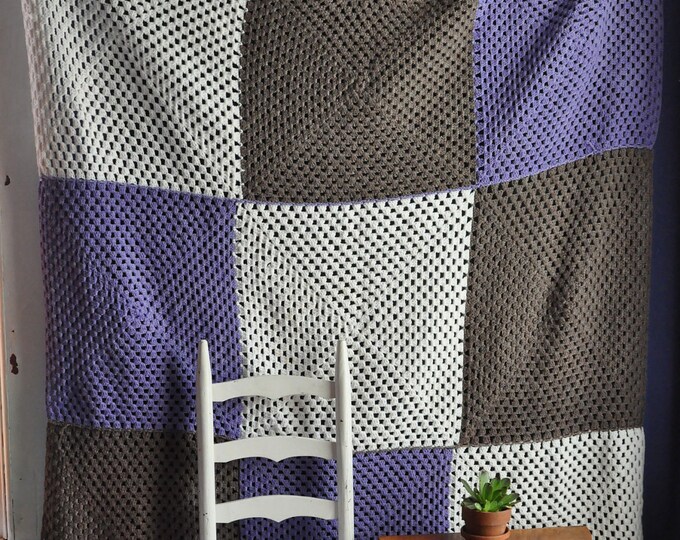 Vintage Afghan Blanket Big Squares of Purple White and Brown Etsy