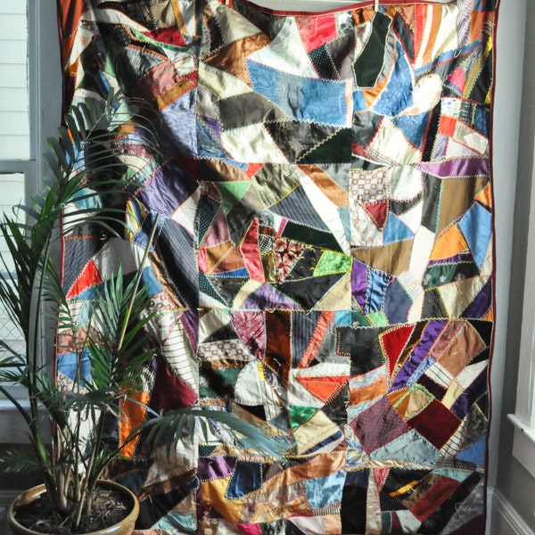 Vintage Silk and Velvet Crazy Quilt Bedspread Handmade from Scraps with Array of stiches or Cutter