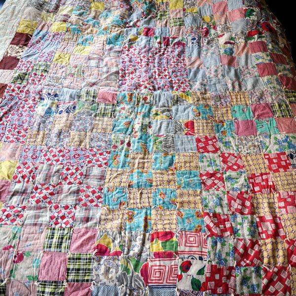 Vintage Handmade Patchwork Square Pattern 1940s Bedspread Blanket from Vintage Dresses