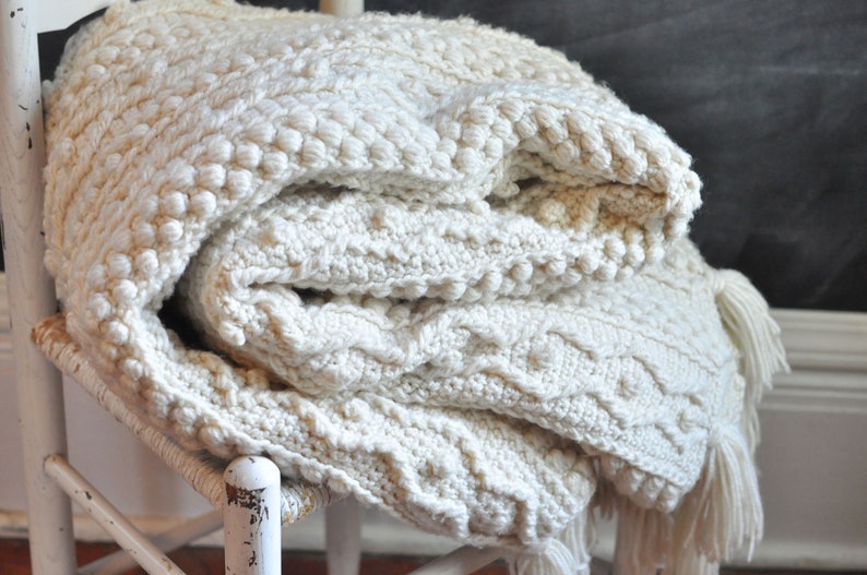 Vintage Aran Heavy Off White Afghan Blanket Rug Crochet Cable | Etsy
