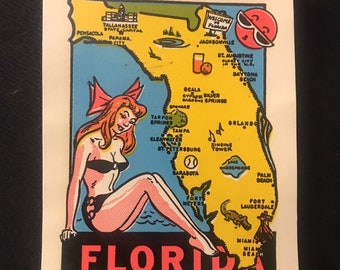 PinUP Girl Vintage DECAL Travel Sticker, Luggage Label State Souvenir Florida Georgia Louisiana S Carolina Mississippi Wyoming Georgia