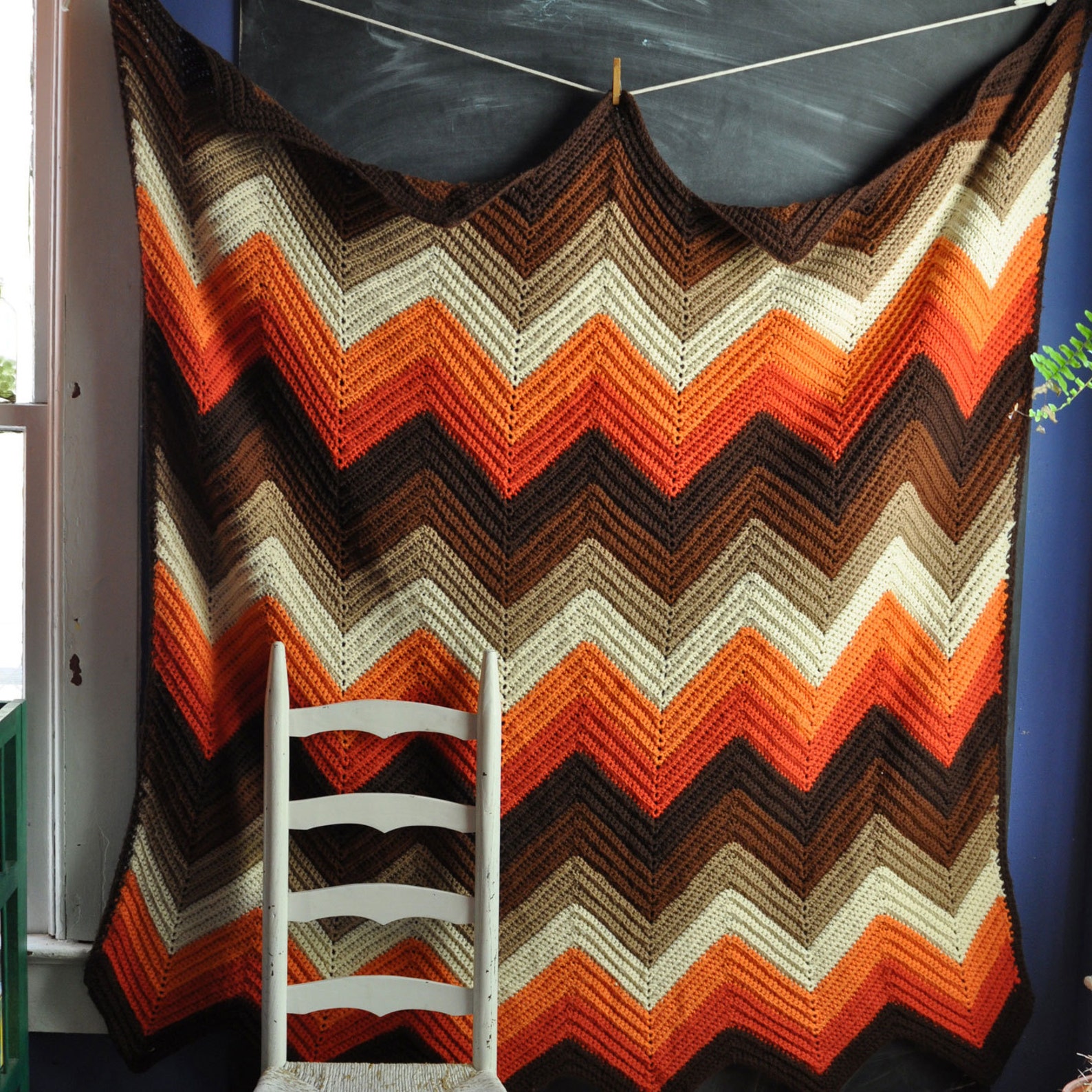 Vintage Afghan Blanket 70s Crocheted Zig Zag Warm Fall Colors Etsy