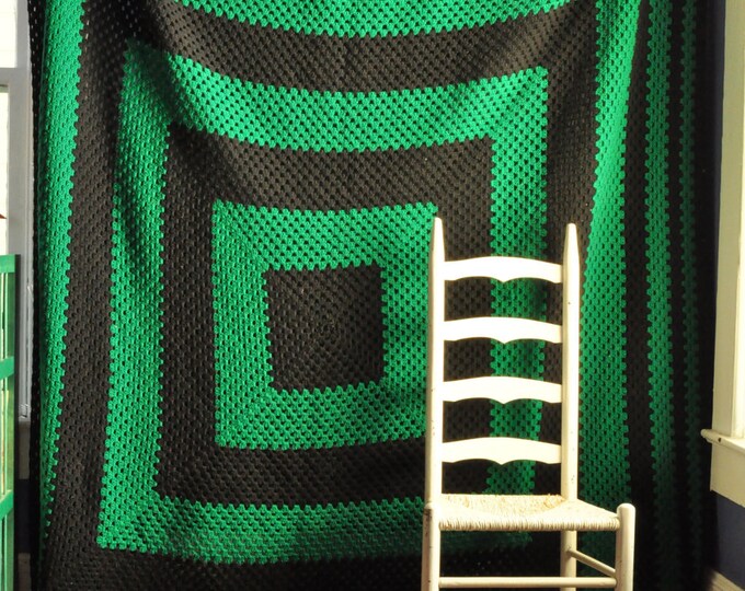 Vintage Afghan Blanket Giant Green and Black Squares Etsy