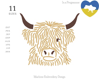 May include: A machine embroidery design of a Highland cow's head with a yellow and brown color scheme. The design is available in 11 sizes and comes in a variety of file formats, including DST, PES, JEF, EXP, HUS, VP3, VIP, and XXX. The design is perfect for creating personalized projects, such as clothing, home decor, and gifts.