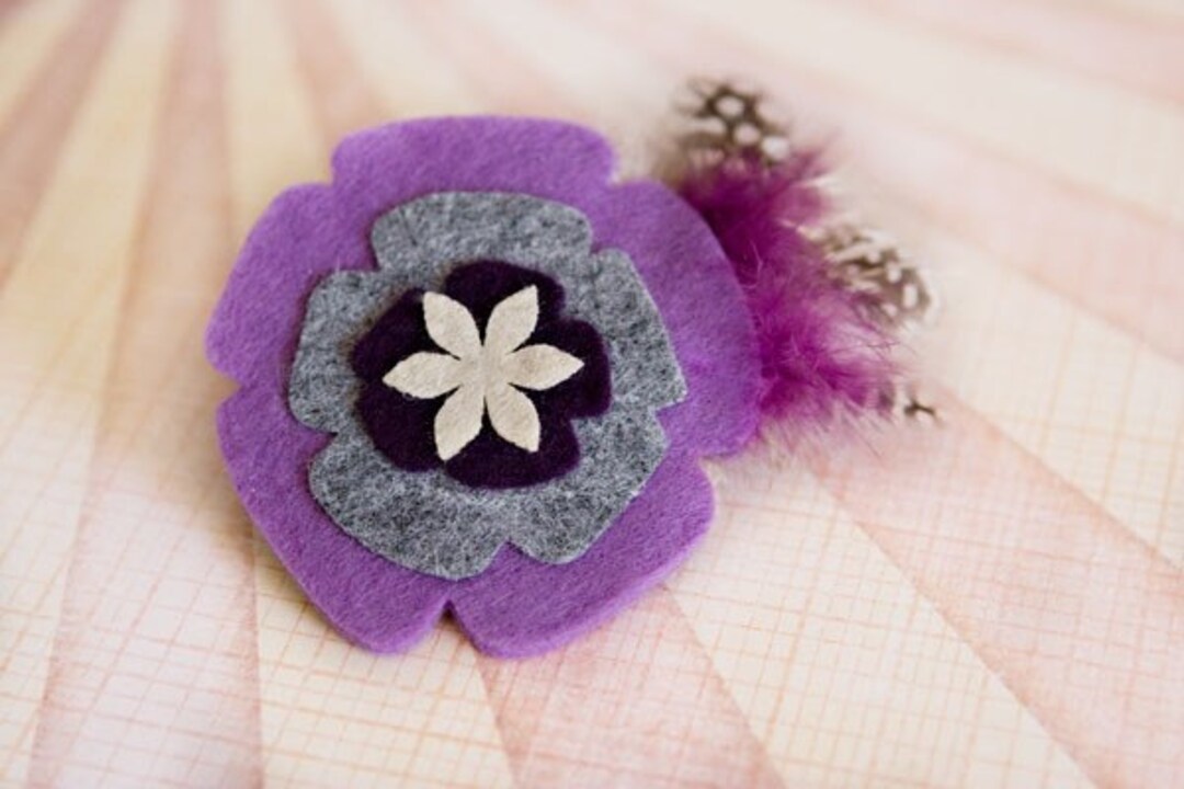 Shades of Purple Felt Flower W/feathers Hair Clip dream Animal Resuce