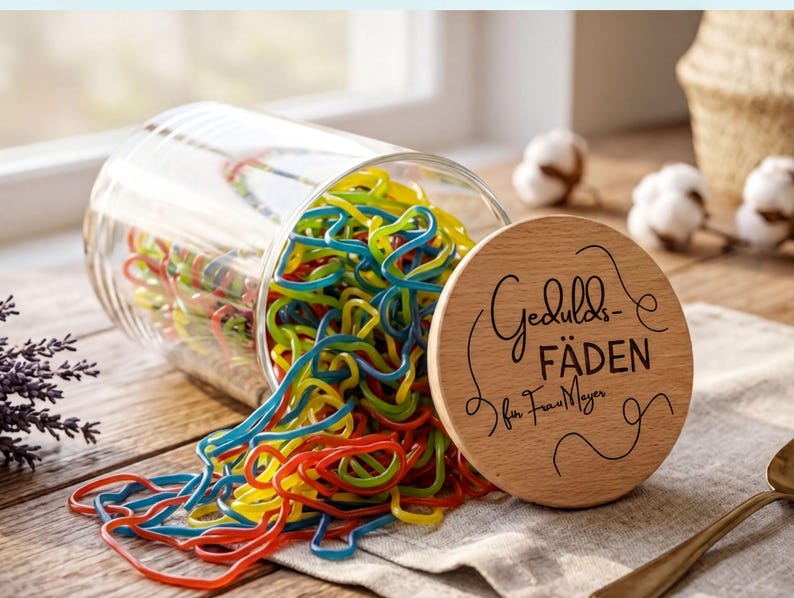 Gravierter Deckel aus Buchenholz mit individuellem Namen, personalisiertes Vorratsglas als wertschätzendes Geschenk für Alltagshelden.