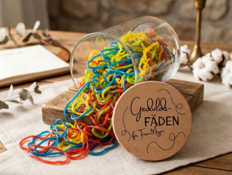 Kleines Dankeschön Geschenk für Frauen und Männer, personalisiertes Unikat mit Gravur Geduldsfäden, liebevolle Geschenkidee zum Abschied.