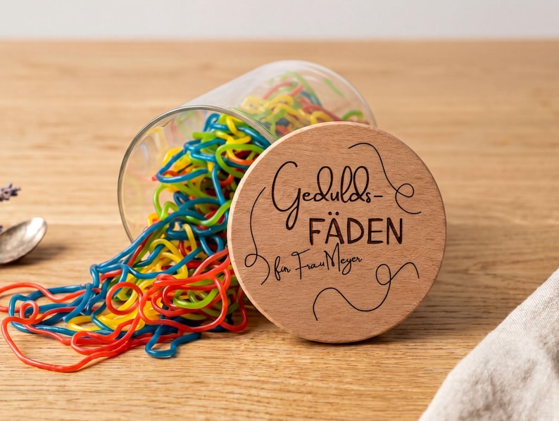 Graviertes Glas mit Name personalisiert, Geschenk für Kollegin zum Abschied oder Geburtstag, nachhaltiger Holzdeckel mit Silikondichtung.