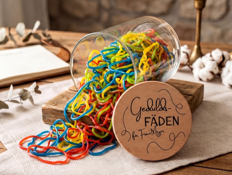 Kleines Dankeschön Geschenk für Frauen und Männer, personalisiertes Unikat mit Gravur Geduldsfäden, liebevolle Geschenkidee zum Abschied.