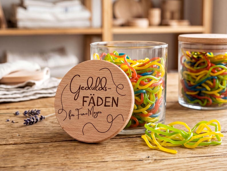 Personalisiertes Vorratsglas Geduldsfäden mit graviertem Holzdeckel aus Buche, ideales Abschiedsgeschenk für Erzieherin und Lehrerin.