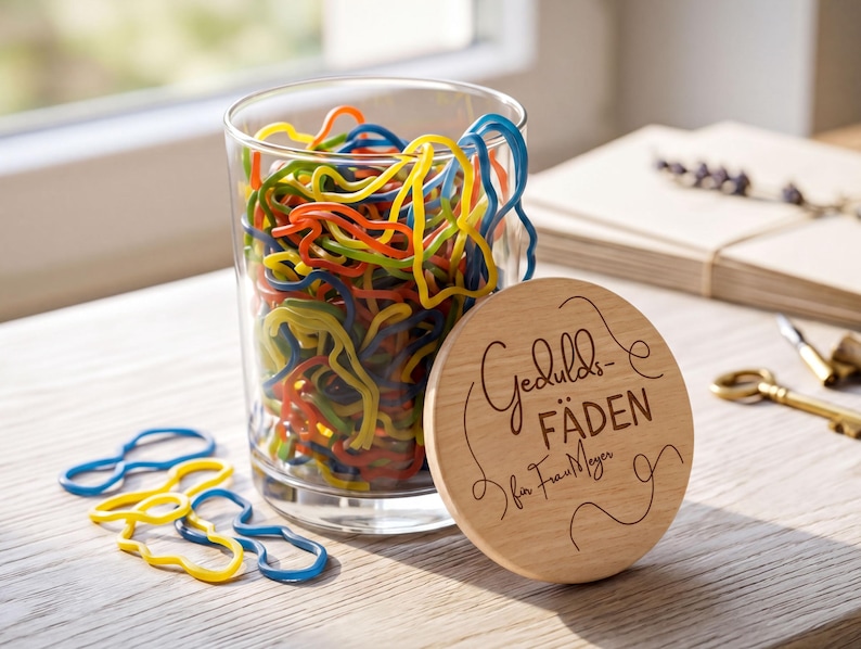 Nachhaltiges Geschenk aus Glas und Holz, plastikfreie Aufbewahrung personalisiert, ökologisches Abschiedsgeschenk für Teamleitungen.