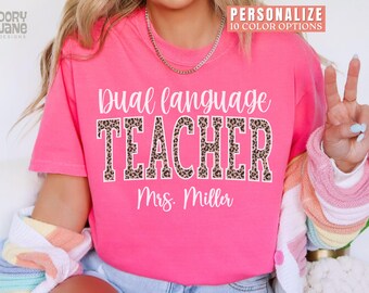 Personalized Dual Language Teacher Shirt Comfort Colors Custom Grade Level Team Tshirt Dual Language Teacher T-Shirt Custom Matching Tees