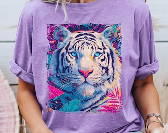 80s White Tiger Shirt, Retro Tiger T-Shirt, Colorful Wildlife Tshirt, Vintage 80s Animal Shirt, Tiger Lover Gift, Neon Jungle Graphic Tee