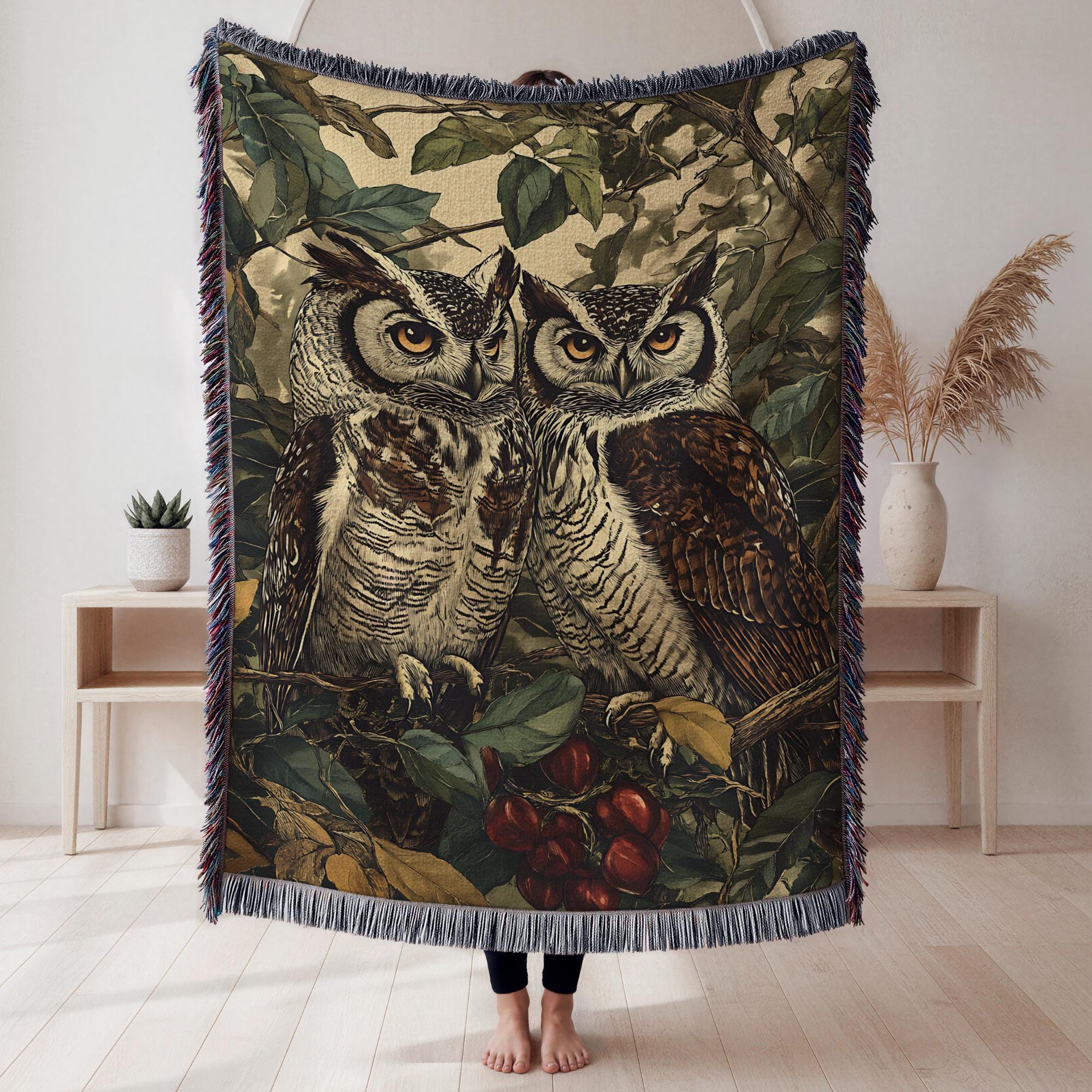 Vintage Owl Woven Blanket Rustic Owls Cozy Cabin Cotton Blanket Boho Botanical Wildlife Gift Wildern