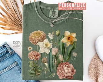 Comfort Colors Vintage Flowers Shirt Boho Cottagecore Tshirt Botanical Floral T-Shirt for Gardener Womens Floral Tee Wildflowers Mom Gift