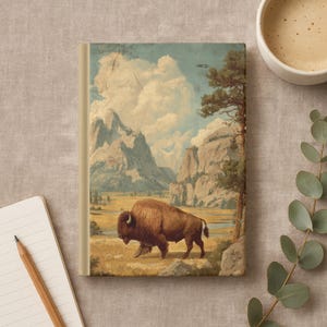 May include: A rectangular notebook featuring a printed landscape illustration of a brown bison standing in a grassy valley with mountains and a tall pine tree in the background. The cover has a light tan spine and a matte finish.