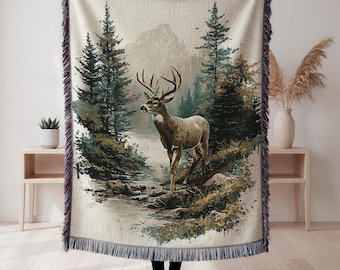 Lake House Woven Blanket Deer Cozy Cabin Cotton Blanket Wildlife Gift for Hunter Outdoorsy Gift for Dad or Husband Rustic Woodland Decor