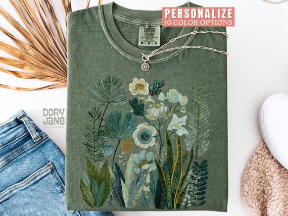 Comfort Colors Vintage Cottagecore Shirt Plant Lover Tshirt for Gardener Botanical Fern & Wildflower Shirt Retro Nature Tee for Nature Lover