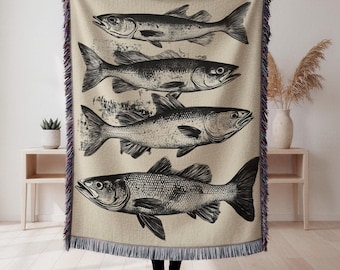 Lake House Woven Blanket Vintage Fish Cozy Cotton Blanket Wildlife Gift for Fisherman Rustic Cabin Decor Fishing Gift for Dad or Husband