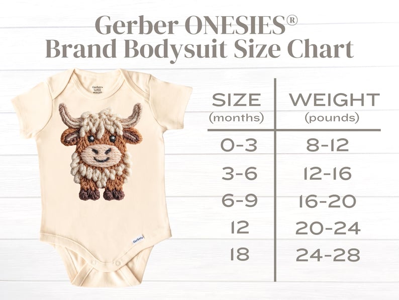 Pode incluir: Body de beb&eacute; da marca Gerber Onesies cor creme com um desenho de vaca das Terras Altas. A imagem inclui uma tabela de tamanhos que indica tamanhos de 0-3 meses a 18 meses, com as gamas de peso correspondentes em libras.