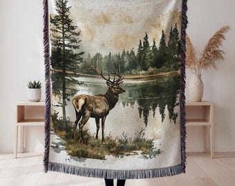 Cabin Woven Blanket for Hunter Cozy Cabin Deer Hunting Cotton Blanket Wildlife Gift Wilderness Gift for Dad or Husband Rustic Woodland Decor