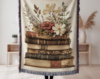 Boho Botanical Books Woven Blanket Cozy Cotton Cottagecore Throw for Book Lovers Bookworm Gift for Her Bookish Tapestry Book Nook Home Decor