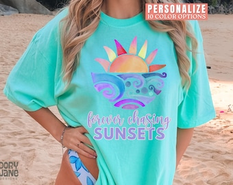 Summer Shirt For Women Comfort Colors Summer Shirt Forever Chasing Sunsets Tshirt Hello Summer T-Shirt Summer Vacation T Shirt Trendy Sunset