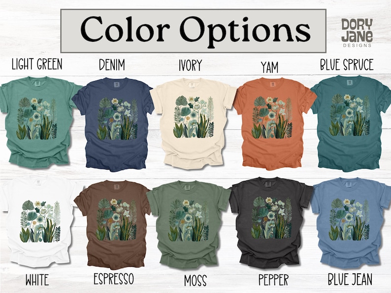 May include: T-shirts in a range of colours, each with a floral design. Colours include light green, denim, ivory, yam, blue spruce, white, espresso, moss, pepper, and blue jean. The text "Color Options" is displayed at the top.