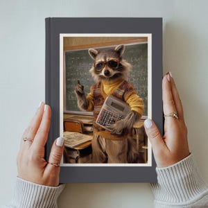 May include: A dark gray hardcover book featuring a graphic of a raccoon wearing round glasses, a yellow turtleneck, and a patterned sweater vest. The raccoon holds a calculator in a classroom setting with a chalkboard covered in math equations.