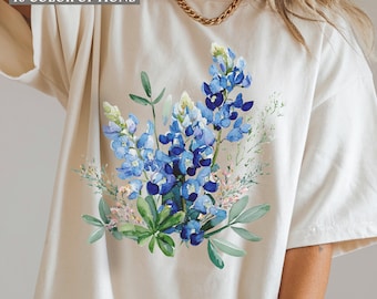 Bluebonnets Comfort Colors Shirt Watercolor Texas Flowers T-Shirt Texas Pride Tshirt for Texas Lover Rustic Ranch Cottagecore Women's Tee