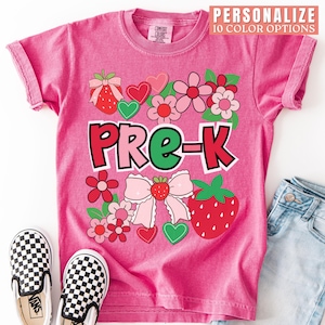 T-shirt pour enfants en maternelle - Motif fraises - Couleurs apaisantes - T-shirt préscolaire - T-shirt pour enfants - Rentrée des classes - Premier jour de maternelle