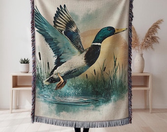 Cabin Woven Blanket Mallard Duck Cozy Cabin Cotton Blanket Hunter Duck Hunter Gift Wilderness Gift for Dad or Husband Rustic Woodland Decor