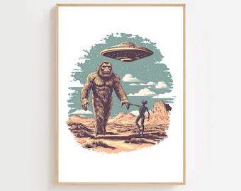 Póster divertido de Bigfoot y alienígenas, arte de pared de Sasquatch, regalo para amantes de la ciencia ficción, divertida lámina de arte OVNI, decoración de pared Weirdcore sobrenatural