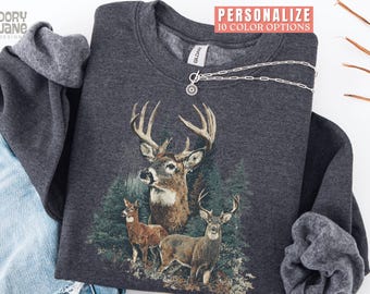 Vintage Deer Sweatshirt 90s Graphic Style Forest Animals Sweatshirt for Hunters Grunge Retro Hunter Deer Faded Nature Sweater 2000s Deer