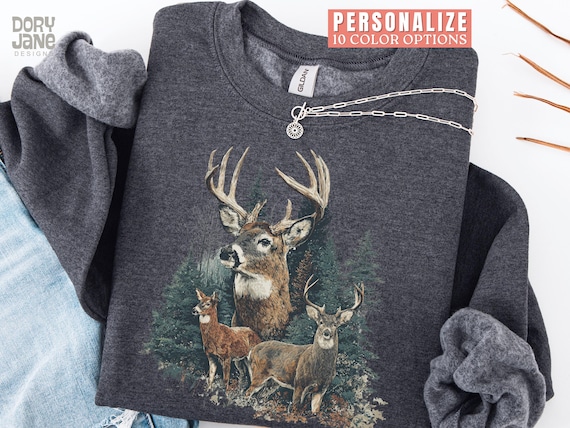 Vintage Deer Sweatshirt 90s Graphic Style Forest Animals Sweatshirt for Hunters Grunge Retro Hunter Deer Faded Nature Sweater 2000s Deer