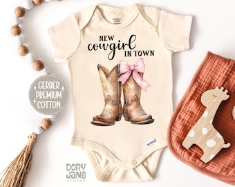 New Cowgirl In Town Baby ONESIES® Brand Bodysuit Baby Girl Coming Home Outfit Cow Girl Western Theme Baby Shower Gift Cowboy Boots Baby Girl