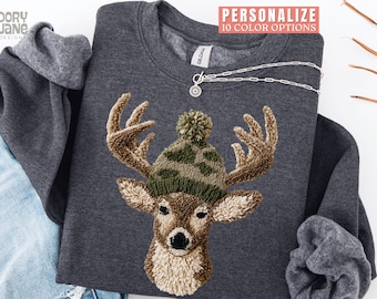 Latch Hook Yarn Crochet Camo Deer Sweatshirt Camouflage Deer Cozy Sweatshirt Trendy Deer Slouchy Sweatshirt for Animal Lover Deer Sweater