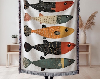 Cabin Fishing Woven Blanket Folk Art Fish Cozy Cotton Blanket Wildlife Gift for Fisherman Rustic Cabin Decor Fishing Gift for Dad or Husband