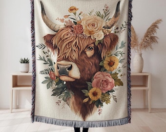 Floral Highland Cow Woven Blanket Boho Vintage Cow Cozy Blanket Retro Farm Animal Tapestry Gift for Her Cottagecore Farmhouse Home Decor
