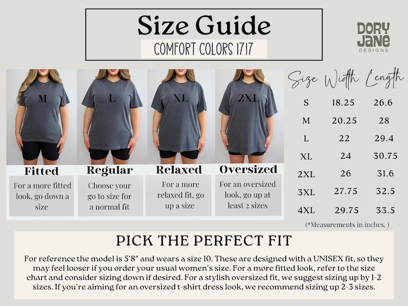 Puede incluir: Tabla de tallas para camisetas unisex en Comfort Colors 1717. La tabla muestra las medidas de ancho y largo en pulgadas para las tallas S a 4XL. La tabla tambi&eacute;n incluye una gu&iacute;a visual del ajuste de cada talla, con descripciones para ajustado, regular, relajado y de gran tama&ntilde;o.
