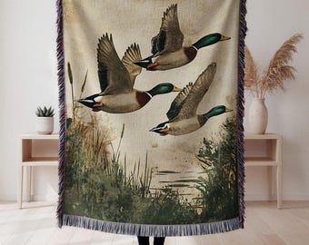 Cabin Woven Blanket Mallard Ducks Cozy Cabin Cotton Blanket Hunter Throw Blanket Dad Gift Wilderness Gift for Husband Rustic Woodland Decor