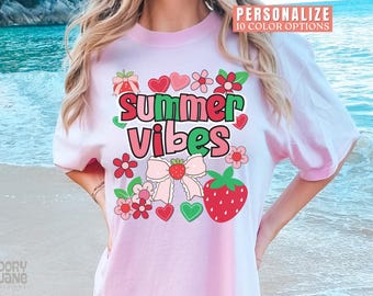 Summer Vibes Shirt Trendy Comfort Colors Summer Tshirt Retro Floral Summer Tee Hello Summer T-Shirt Girly Summer Vacation T Shirt for Women