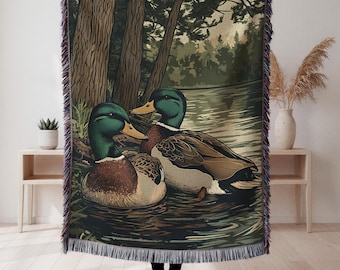 Lake House Woven Blanket Mallard Ducks Cozy Cabin Cotton Blanket Hunter Throw Blanket Wildlife Gift for Husband or Dad Rustic Woodland Decor